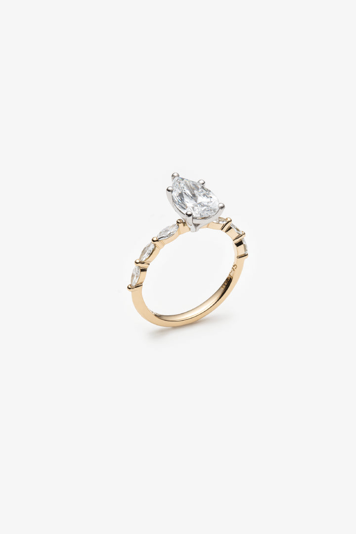Bague Marquise solitaire semi éternité diamants créé poire brillante 1.50ct IGI 18k/pt950